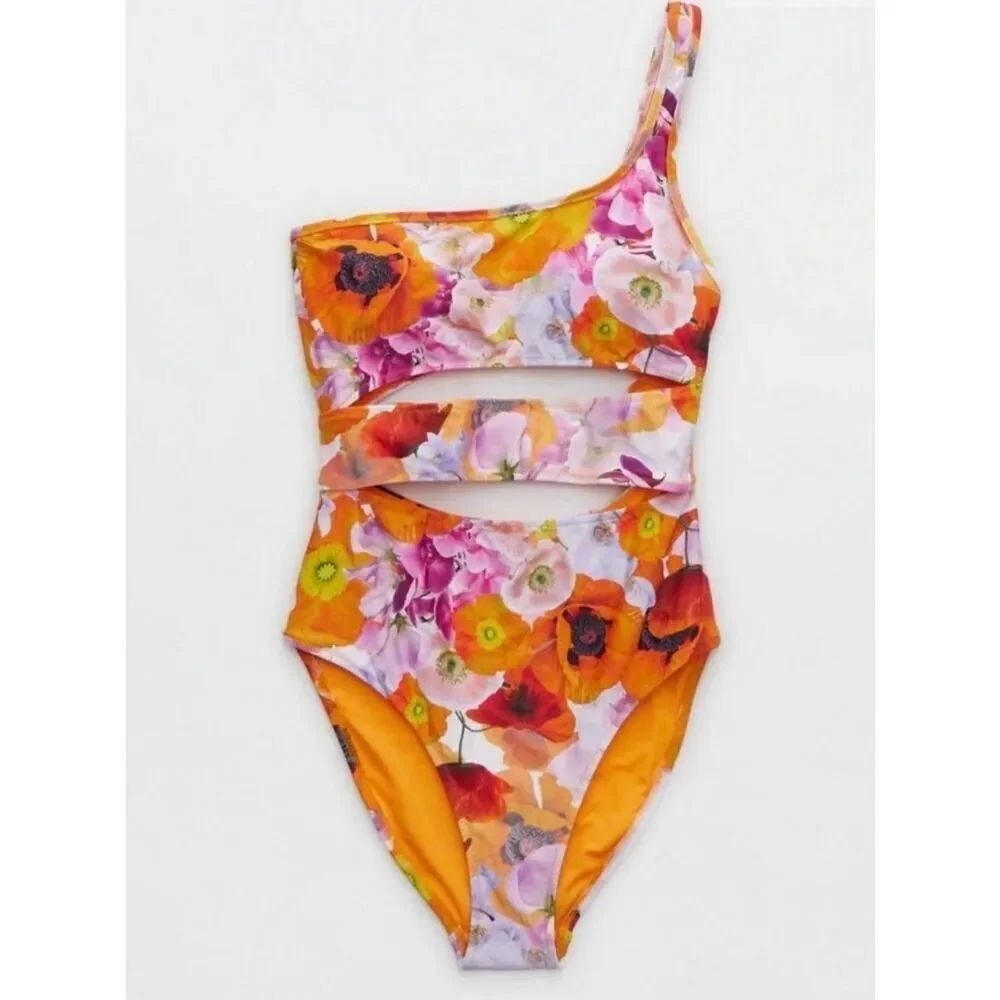 Aerie XL Simply Orange Floral Cutout One Shoulder One Piece Swimsuit